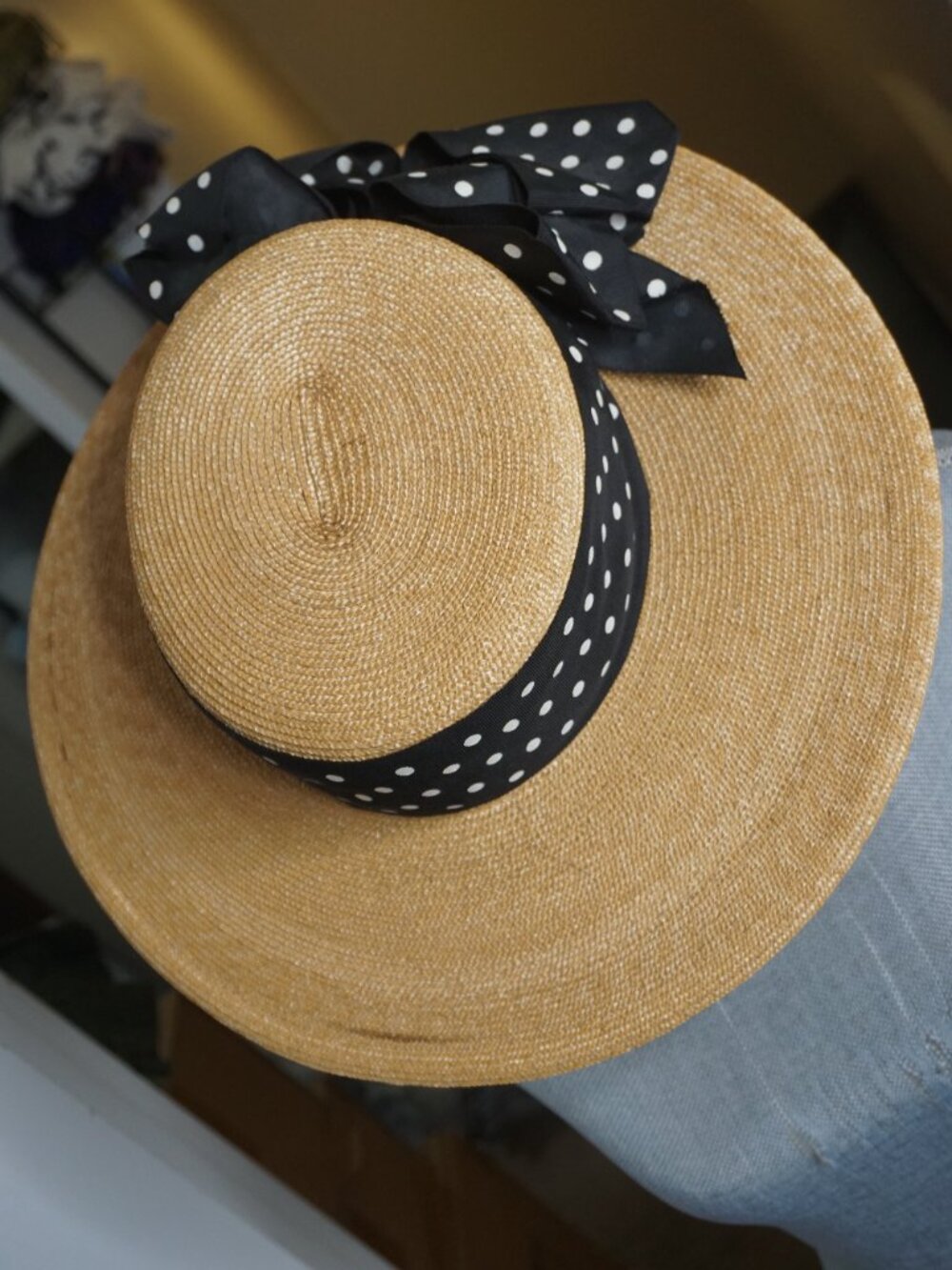 Wearable Vintage Frank Olive Neiman Marcus Straw Wide Brim Black Polka Dot Bow - Picture 2 of 3